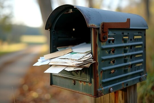 A rural mailbox is overflowing with an assortment of mail, including letters, bills, and various types of unsolicited mail, indicating either neglect or a busy recipient, Generative AI