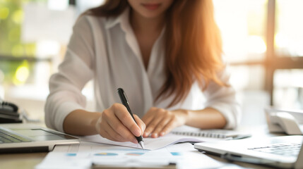 Female accountant working with paperwork about financial with calculator at her office, Business, Finance and economy concept.