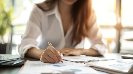 Female accountant sign on document about financial with calculator at her office, Business, Finance and economy concept.