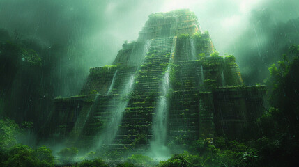 Ancient Mayan Pyramid Shrouded by Mist in Lush Rainforest