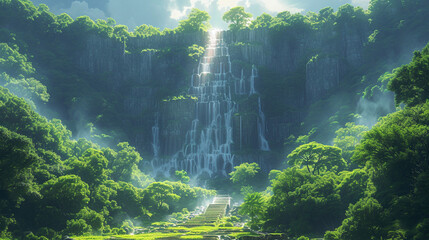 Majestic Waterfall in Lush Green Forest with Sunlight and Mist - obrazy, fototapety, plakaty