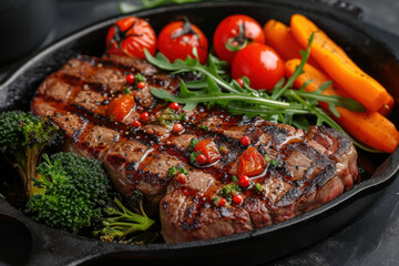 sizzling steak with herbs and vegetables in a cast iron skillet, ready for a luxurious and savory meal - obrazy, fototapety, plakaty
