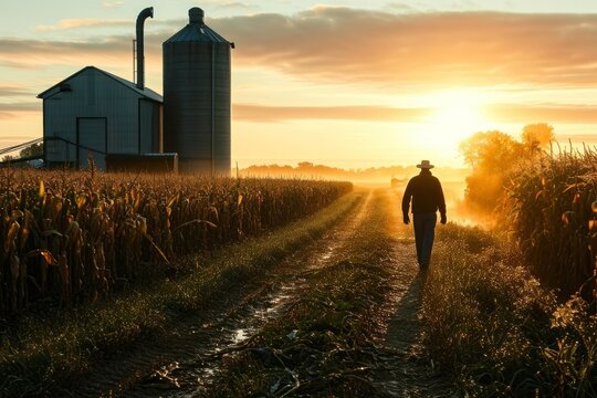 Farmer walking through corn field at dawn, grain silo in the distance, depicting rural life and agriculture, Generative AI