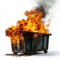 Burning garbage out of control dumpster fire isolated on a white background, Generative AI