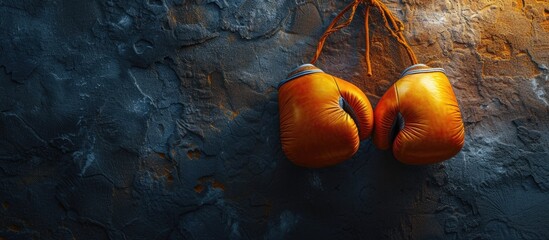 pair of well-worn orange vintage boxing gloves hanging on a textured dark wall, symbolizing strength and perseverance - obrazy, fototapety, plakaty