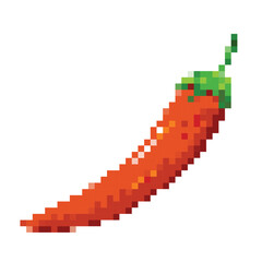 8 bit pixel vector illustration of raw red chili pepper isolated on square white background. Simple flat pixel art game cartoon element drawing.