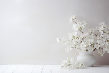 minimalist white background wall with a white vase and flowers on the lower right hand side Generative AI
