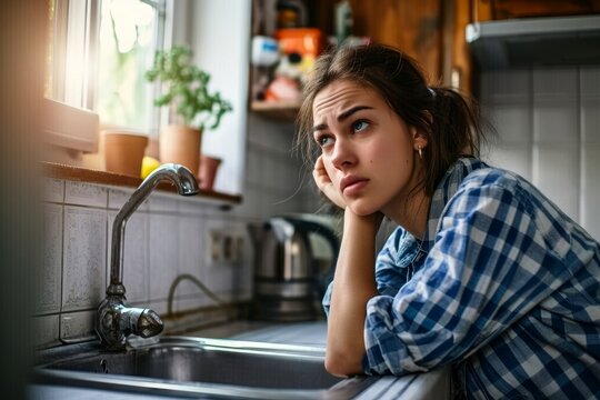 A forlorn woman at her kitchen sink looking worried about a plumbing problem, suggesting a leak and the need for help and assistance, Generative AI