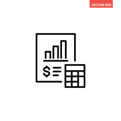 Black single accounting document line icon, simple financial report flat design vector pictogram, infographic interface elements for app logo web button ui ux isolated on white background