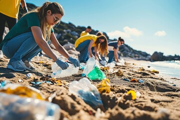 Group of eco volunteers picking up plastic trash on the beach - Activist people collecting garbage protecting the planet - Ocean pollution, environmental conservation and ecology, Generative AI - obrazy, fototapety, plakaty