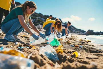 Muurstickers Group of eco volunteers picking up plastic trash on the beach - Activist people collecting garbage protecting the planet - Ocean pollution, environmental conservation and ecology, Generative AI © Pixel Nirvana