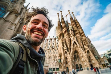 Fototapeten Happy tourist visiting La Sagrada Familia, Barcelona Spain - Smiling man taking a selfie outside on city street - Tourism and vacations concept, Generative AI © Pixel Nirvana