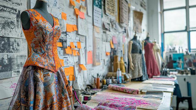 bustling fashion design studio workspace with a mannequin dressed in a vibrant dress, surrounded by fabrics and inspiration boards