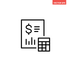 Black single accounting document line icon, simple financial report flat design vector pictogram, infographic interface elements for app logo web button ui ux isolated on white background