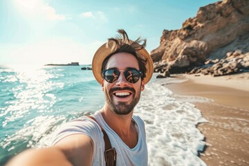 Handsome young man taking selfie at beach summer vacation - Smiling guy having fun walking outside...