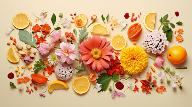 Top view image of flowers fruits