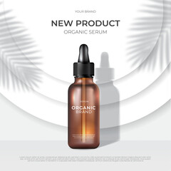 Minimal Skincare Product Advertising Template New Organic Serum Mock Up, High Contrast Studio Light on White Background, Shadow Palm Leaves, 3D Vector, Sustainable Skincare, Amber Dropper Bottle