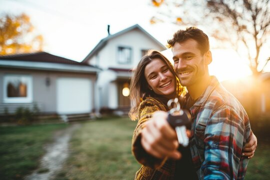 Happy young couple holding home keys after buying real estate - Husband and wife standing outside in front of their new house, Generative AI