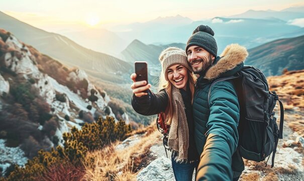 Happy couple of hikers taking selfie picture on top of the mountain - Two travelers with backpack smiling together at camera - Travel blogger influencer streaming using smart mobile phone,GenerativeAI