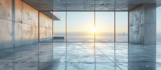 The sun rising over a cityscape, viewed through the expansive glass windows of a modern building, offering a perspective of urban awakening