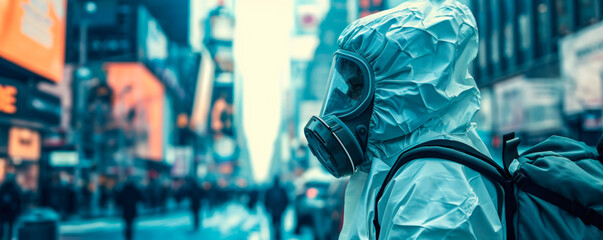 Quarantine, coronavirus infection. A man in protective equipment disinfects with a sprayer in the city. Cleaning and Disinfection at the street. Protective suit and mask. Epidemic. - obrazy, fototapety, plakaty
