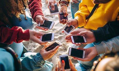 Teens in circle holding smart mobile phones - Multicultural young people using cellphones outside - Teenagers addicted to new technology concept, Generative AI