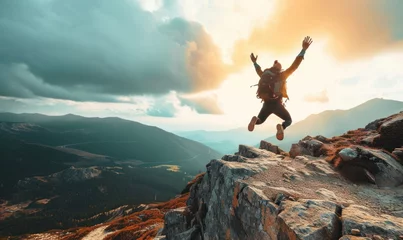 Fotobehang Successful hiker man jumping on the top of the mountain - Successful, business and sport concept, Generative AI © Pixel Nirvana