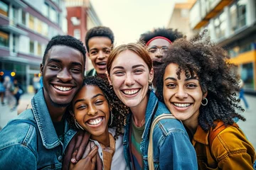 Tuinposter Multi ethnic young people smiling together at camera outdoors - Happy group of friends having fun hanging out in downtown street - University students, Generative AI © Pixel Nirvana