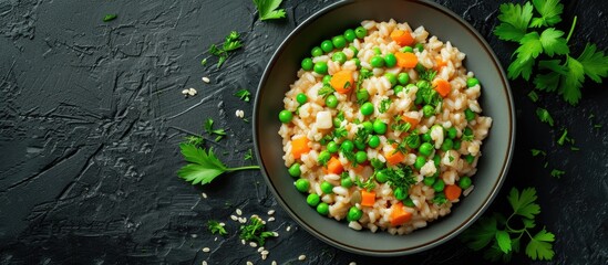 nutritious bowl of barley and vegetable risotto garnished with fresh parsley, offering a delicious and healthy meal option