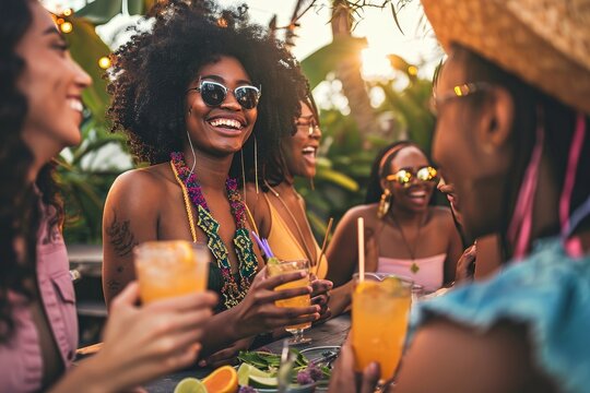 Multiracial group of friends having fun at backyard home party - Young people laughing together drinking cocktails at bar restaurant - Focus on black, Generative AI