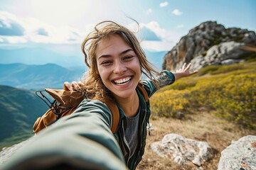 Young woman taking selfie portrait hiking mountains - Happy hiker on the top of the cliff smiling at camera - Travel and hobby concept, Generative AI - obrazy, fototapety, plakaty