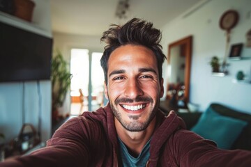 Happy young handsome millennial taking a selfie smiling at the camera in the living room at home, Generative AI