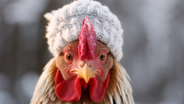 footage of a chicken wearing a snow hat
