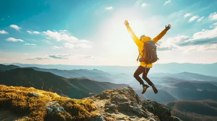 Deurstickers Happy man with open arms jumping on the top of mountain - Hiker with backpack celebrating success outdoor - People, success and sport concept, Generative AI © Pixel Nirvana