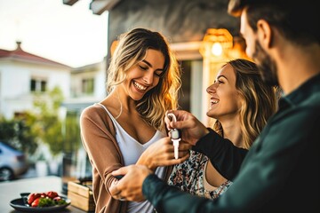 Happy millennial couple receiving keys from realtor, purchasing real estate - Family meeting with real estate agent - New house and real estate, Generative AI - obrazy, fototapety, plakaty