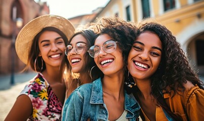 Three young multiracial women having fun on city street outdoors - Mixed race female friends enjoying a holiday day out together - Happy lifestyle, youth and young females, Generative AI