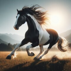 A white and black horses galloping in full stride