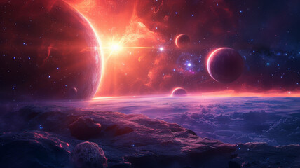 breathtaking cosmic landscape depicting multiple planets aligning with a radiant star, with a rocky foreground providing a dramatic viewpoint