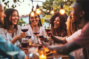 Multiracial friends celebrating rooftop party drinking red wine together - Cheerful young people enjoying barbeque diner in restaurant terrace - Happy, Generative AI - Powered by Adobe