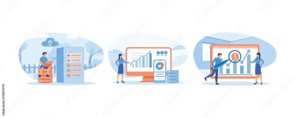 Poster big data and cloud computing. businesswoman using remote servers to analyzing large sets of data. re