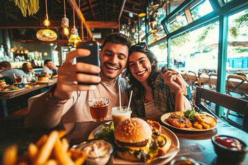 Couple taking selfie with smart mobile phone at burger pub restaurant. Young people having lunch break at cafe bar venue. Life style concept with guy and girl hanging out on weekend, Generative AI - obrazy, fototapety, plakaty