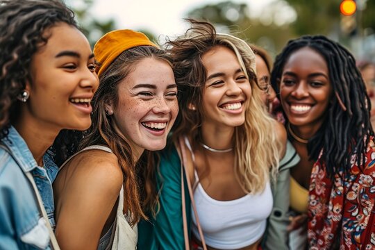 Multicultural group of women having fun together outside - Happy female friends enjoying day out walking on city street - Feminism life style concept with different girls smiling, Generative AI