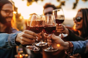 Young people toasting red wine glasses at farm house vineyard countryside - Happy friends enjoying happy hour at winery bar restaurant, Generative AI
