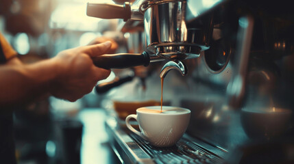 Barista Crafting Espresso in Coffee Machine at Cafe