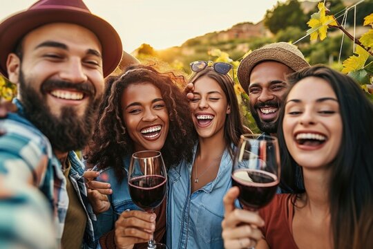 Friends drinking red wine outside at farm house vineyard countryside. Group of young people taking selfie picture outdoor. Life style concept with guys and girls enjoying summer, Generative AI
