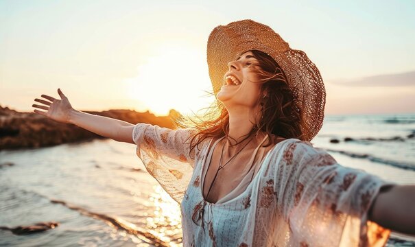 Happy woman with arms outstretched enjoying freedom at the beach - Joyful female having fun walking outside - Healthy lifestyle, happiness and mental health, Generative AI