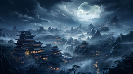Mystical Ancient City Under Full Moon in Foggy Landscape - obrazy, fototapety, plakaty