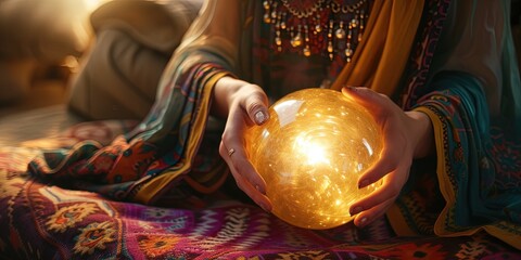 Fortune teller predicting the future with a clairvoyant crystal ball - obrazy, fototapety, plakaty