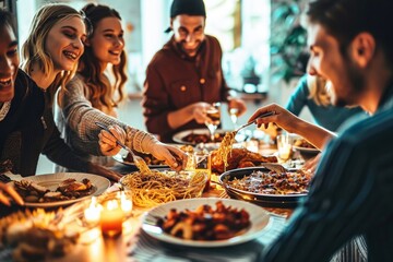 Happy group of friends eating pasta at home dinner party. Cheerful young people having lunch break together. Life style concept with guys and girls celebrating thanksgiving. Bright, Generative AI