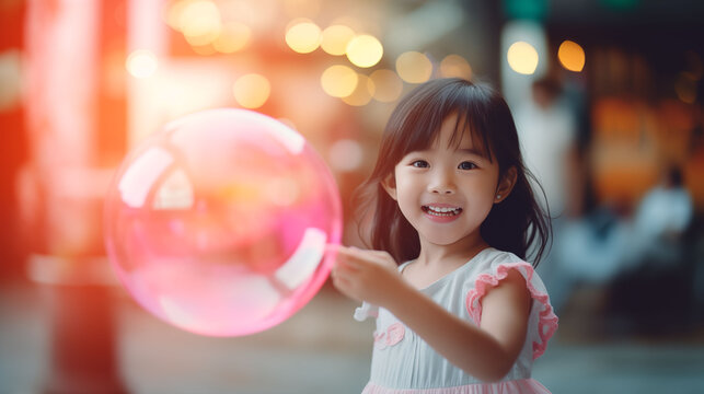 Happy Little Asian Girl Holding Pink Balloon In  Left Hand